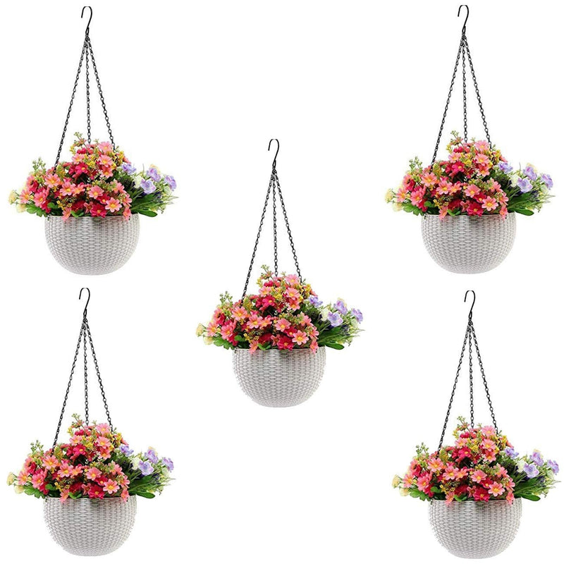 GoHooked Bianco white plastic hanging rattan planter with colorful faux flowers, 5 pieces