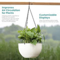 GoHooked Bianco white plastic hanging planter with woven rattan look, 7.1 inch diameter, 13 inch chain.