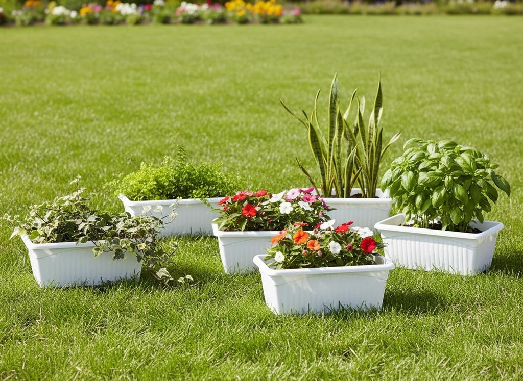 GoHooked Bianco white rectangular plastic plant pots with fluted details, set of 6, arranged on grass with various plants.