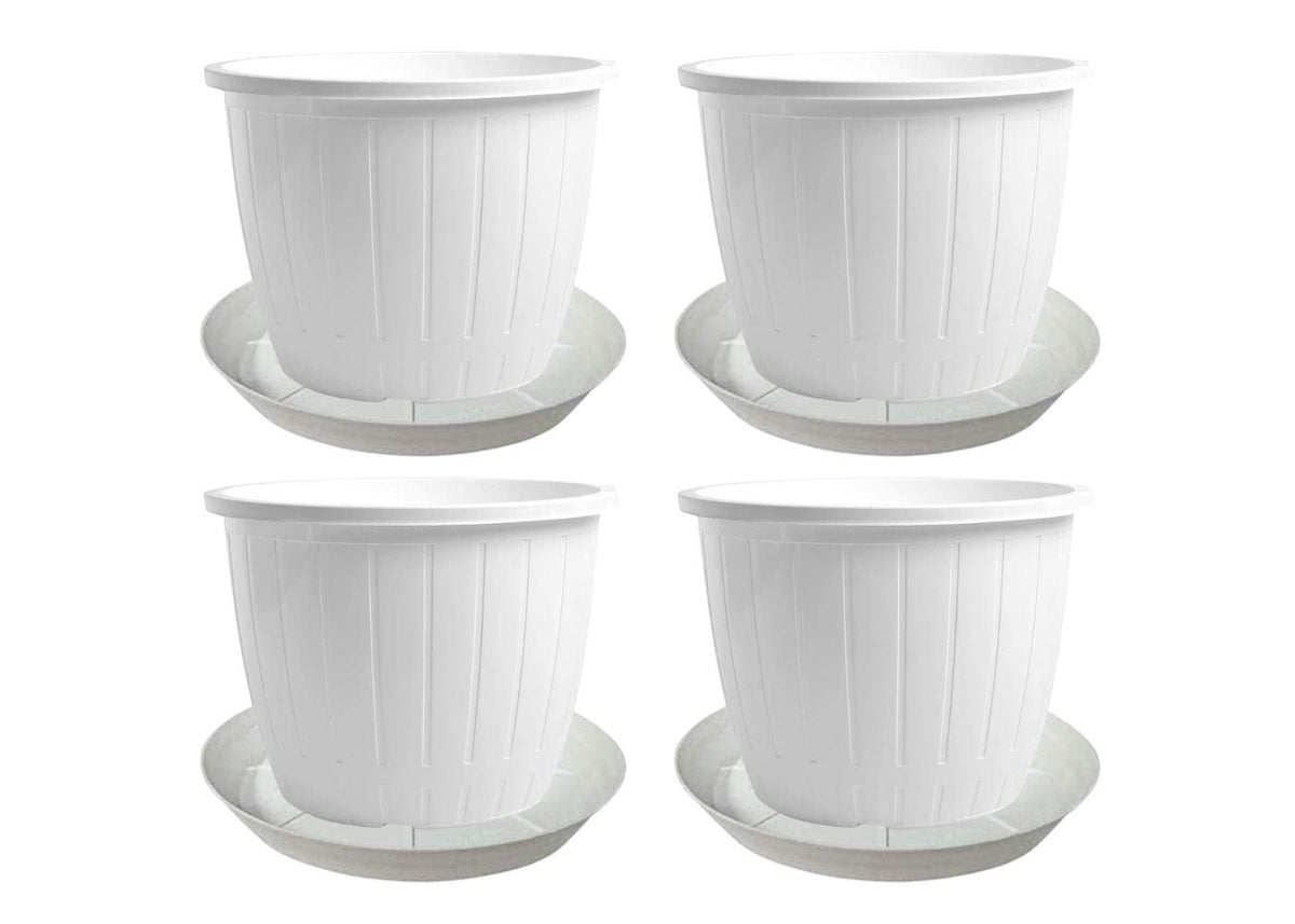 GoHooked Bianco white plastic 10-inch planters with drip trays, pack of 4. Ideal for indoor/outdoor gardening.