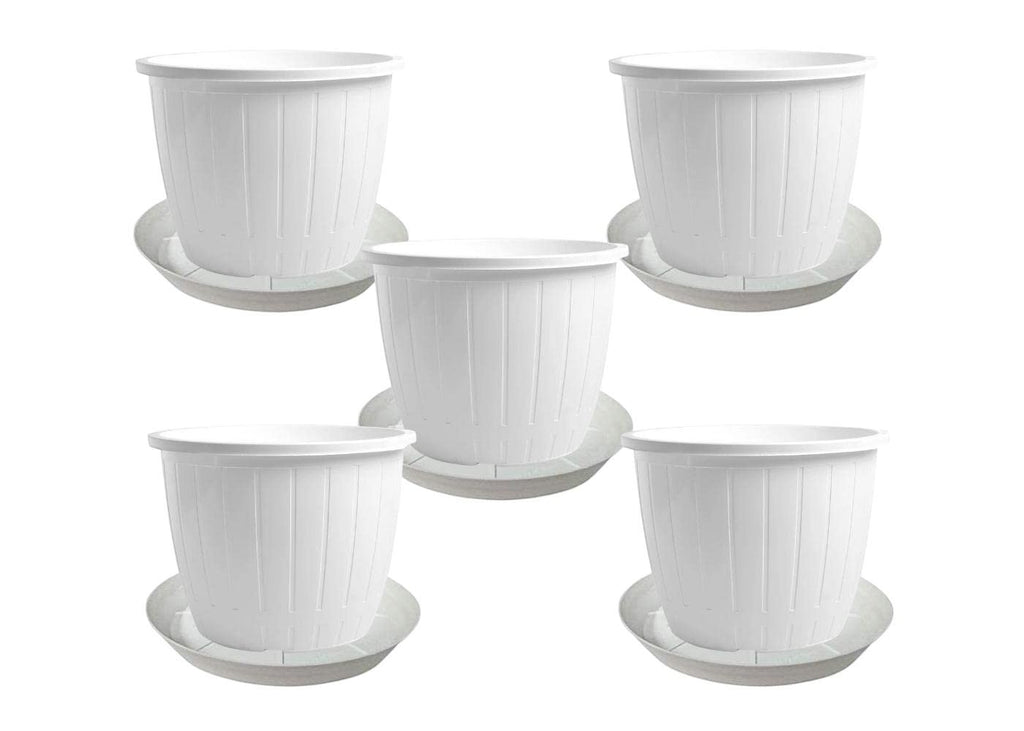 GoHooked Bianco 10-inch white plastic planters with trays, pack of 5. Durable, lightweight, modern design for indoor/outdoor gardening.