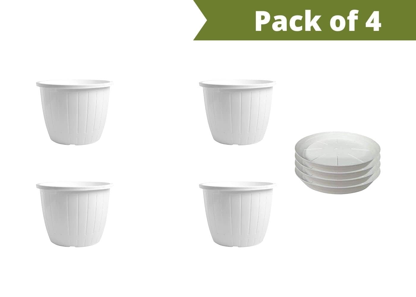 GoHooked Bianco 10-inch white plastic planters with drip trays, pack of 4. Durable, lightweight, modern design for indoor/outdoor gardening.