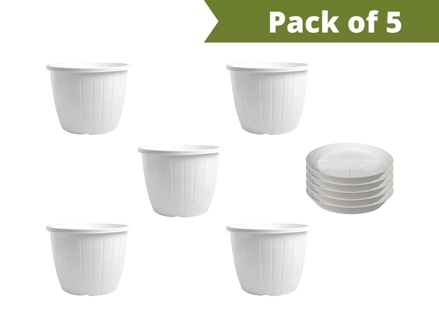 GoHooked Bianco 10-inch white plastic planters with drainage trays, pack of 5. Modern design for indoor/outdoor gardening.
