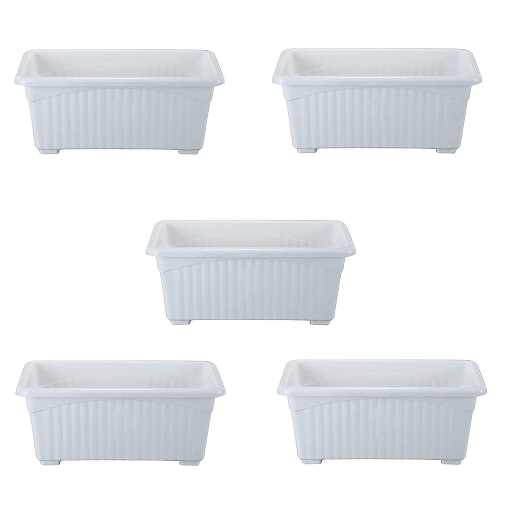 GoHooked Bianco white rectangular plastic plant pots, pack of 5, 35cm, ribbed design, UV stabilized