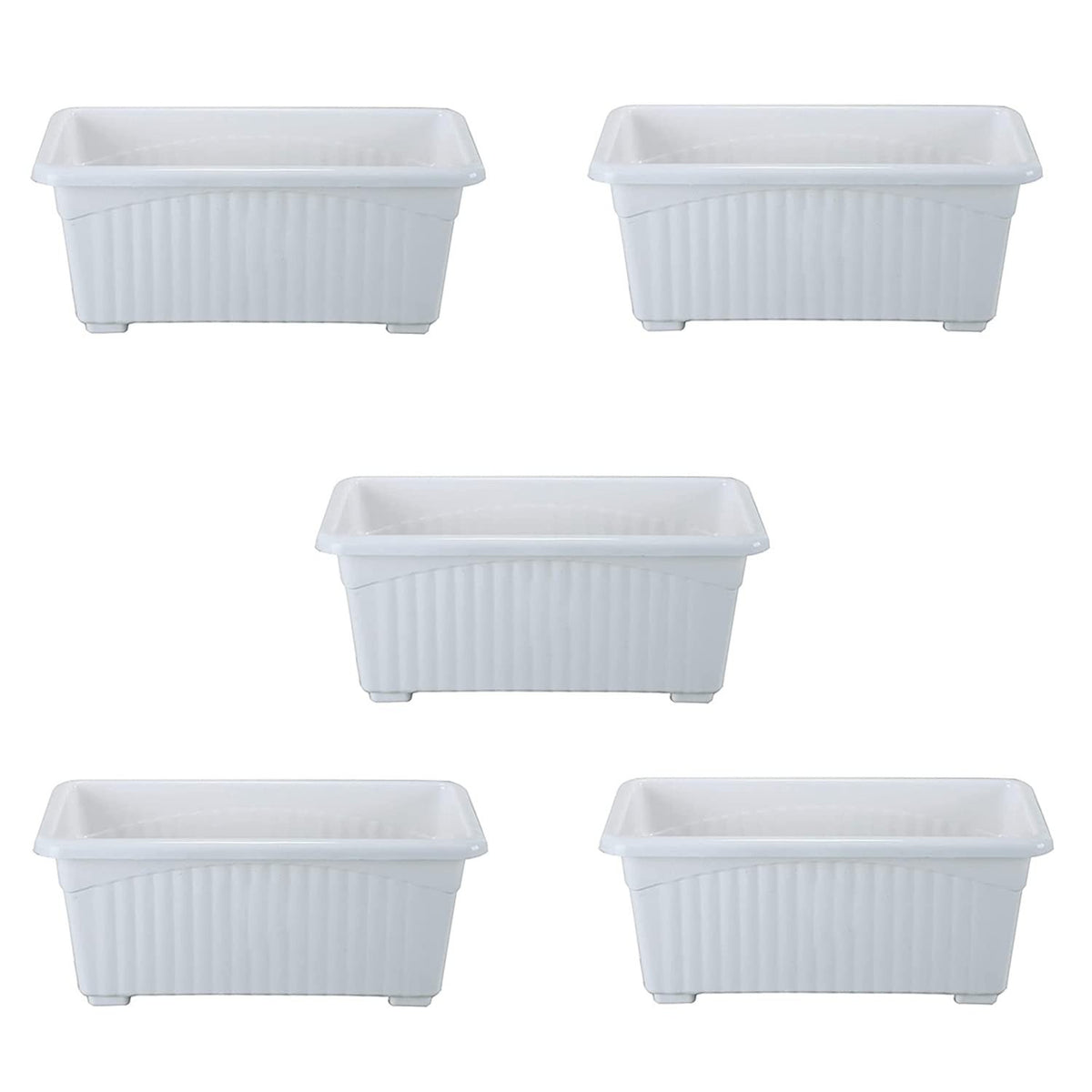 GoHooked Bianco white rectangular plastic plant pots, pack of 5, 35cm, ribbed design, UV stabilized