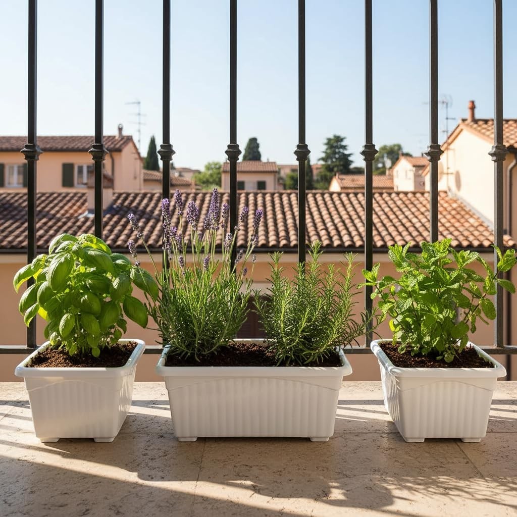GoHooked Bianco white rectangular plastic plant pots with fluted design, holding basil, lavender, rosemary, and mint on a balcony.