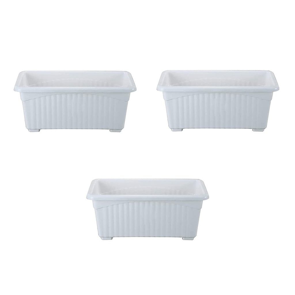 GoHooked Bianco white rectangular plastic plant pots, pack of 3, with fluted sides and raised base.