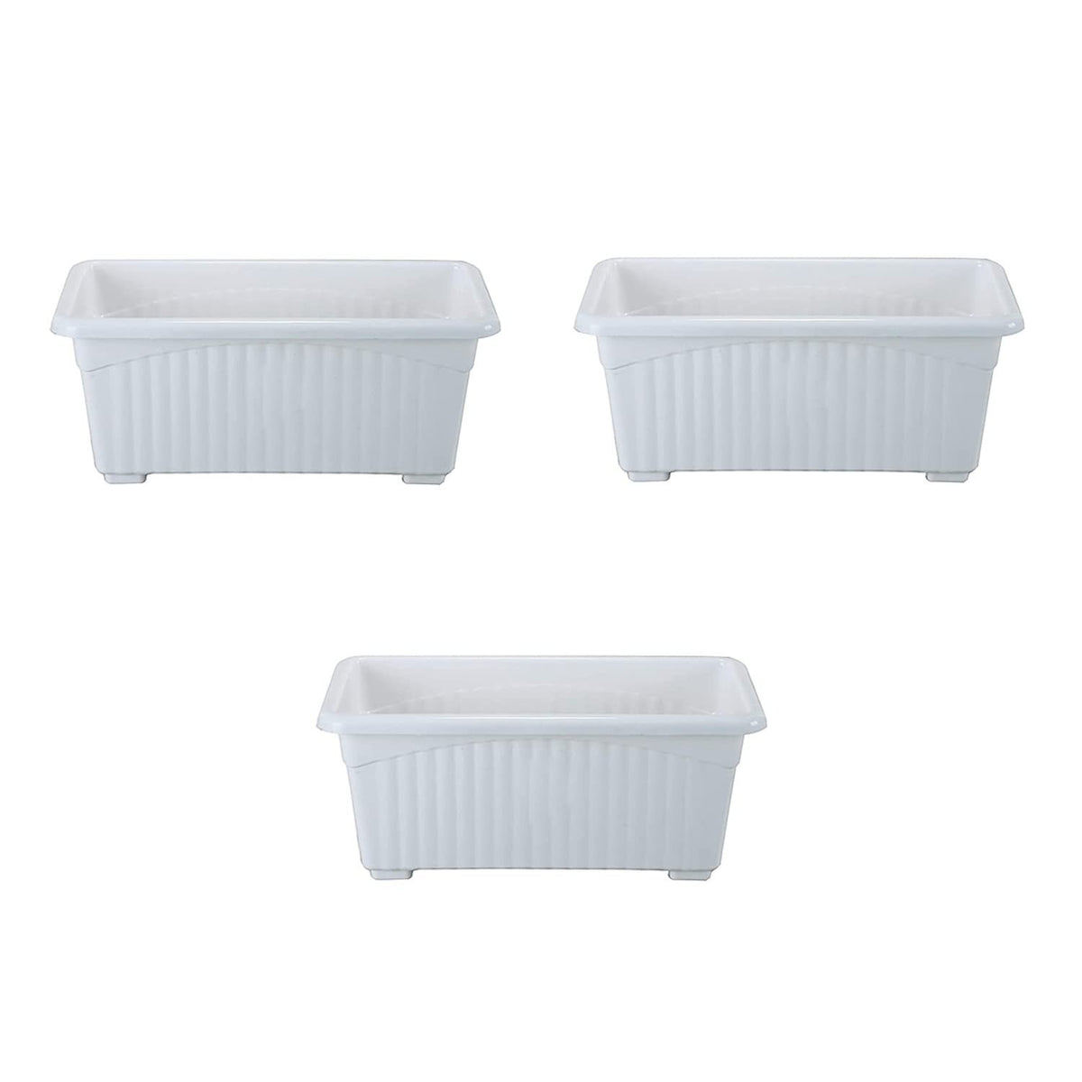 GoHooked Bianco white rectangular plastic plant pots, pack of 3, with fluted sides and raised base.