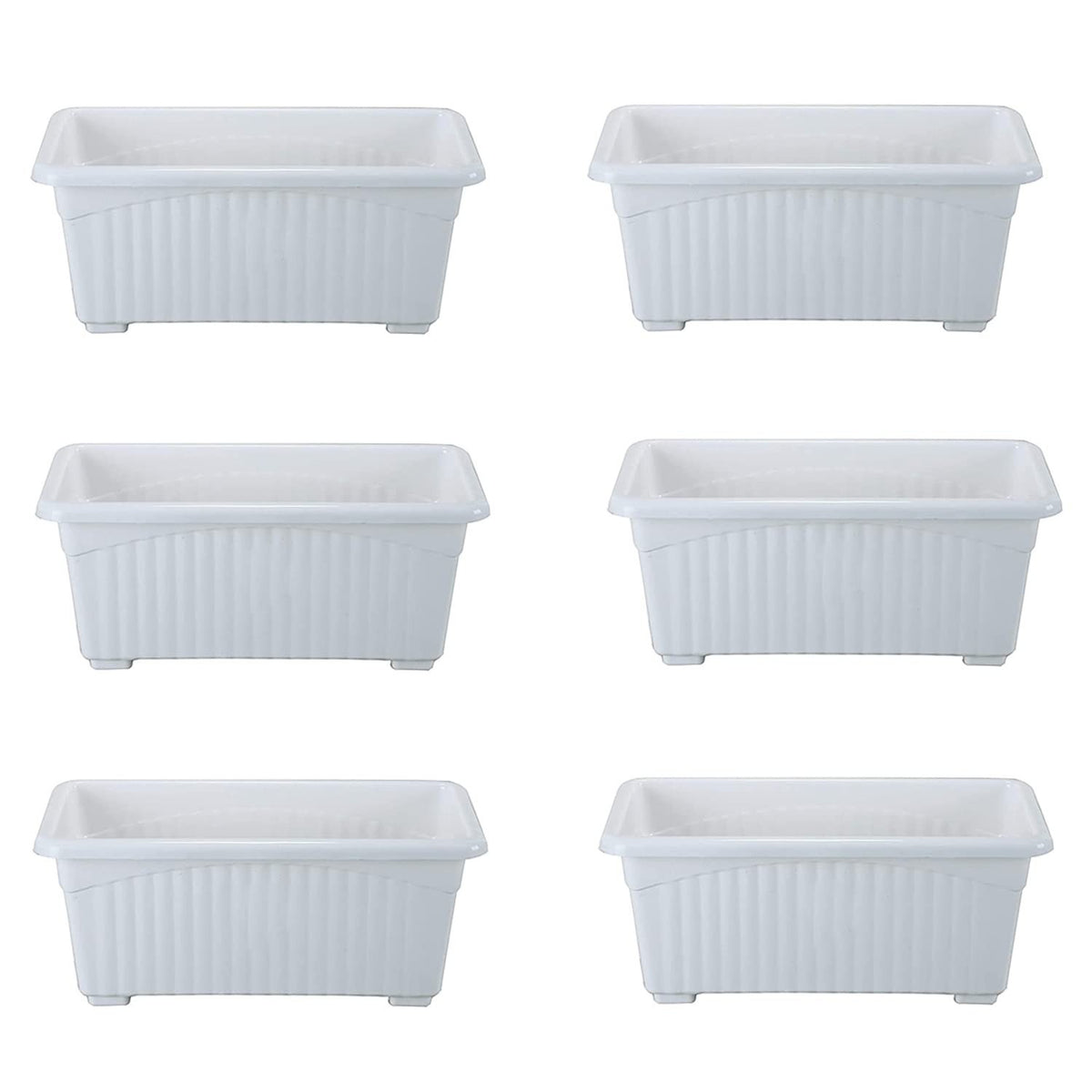 GoHooked Bianco white rectangular plastic plant pots, pack of 6, ribbed design, 35x18.5x15 cm