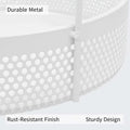 GoHooked Bianco white round metal storage tray with perforated design and sturdy handles. Ideal for home decor, vanity, or kitchen.