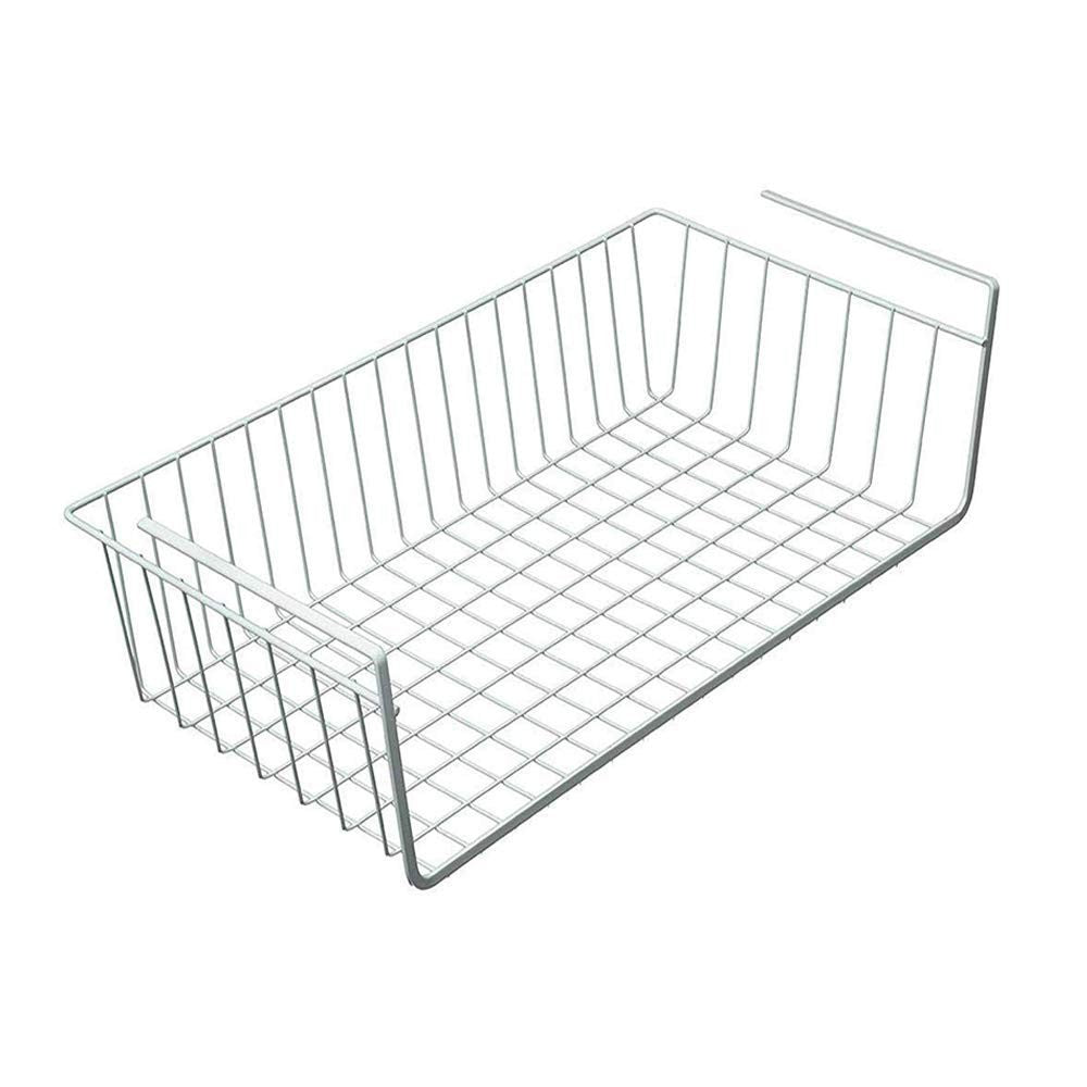GoHooked Bianco white wire mesh under shelf basket with hanging hooks, ideal for kitchen or closet storage.