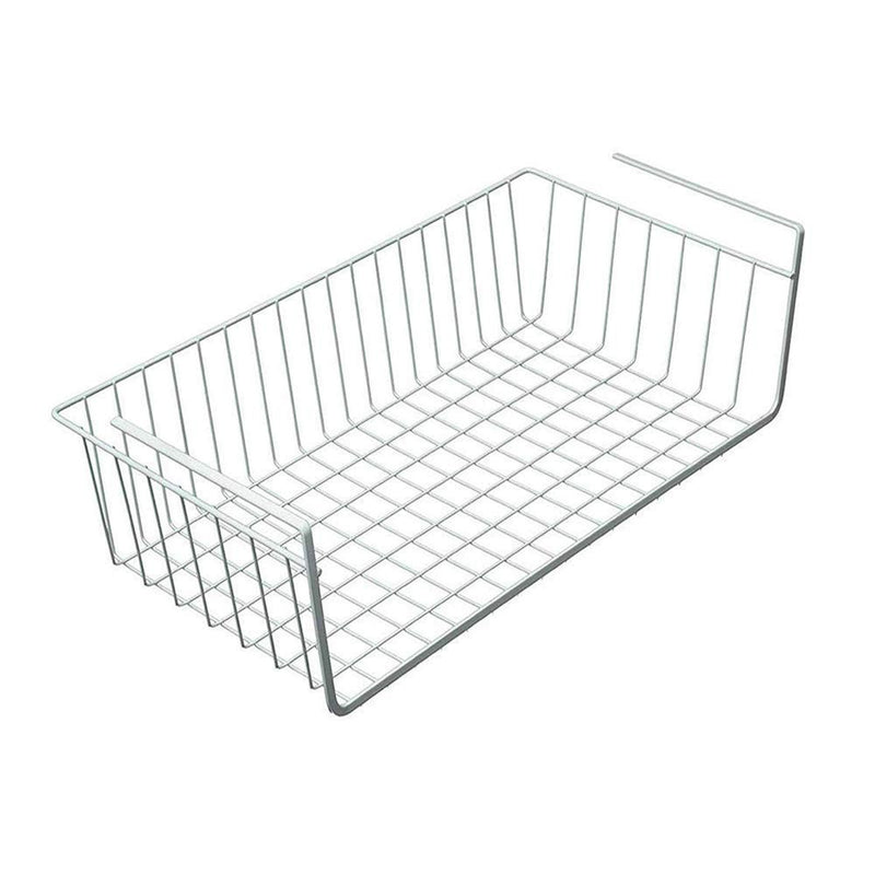 GoHooked Bianco white wire mesh under shelf basket with hanging hooks, ideal for kitchen or closet storage.