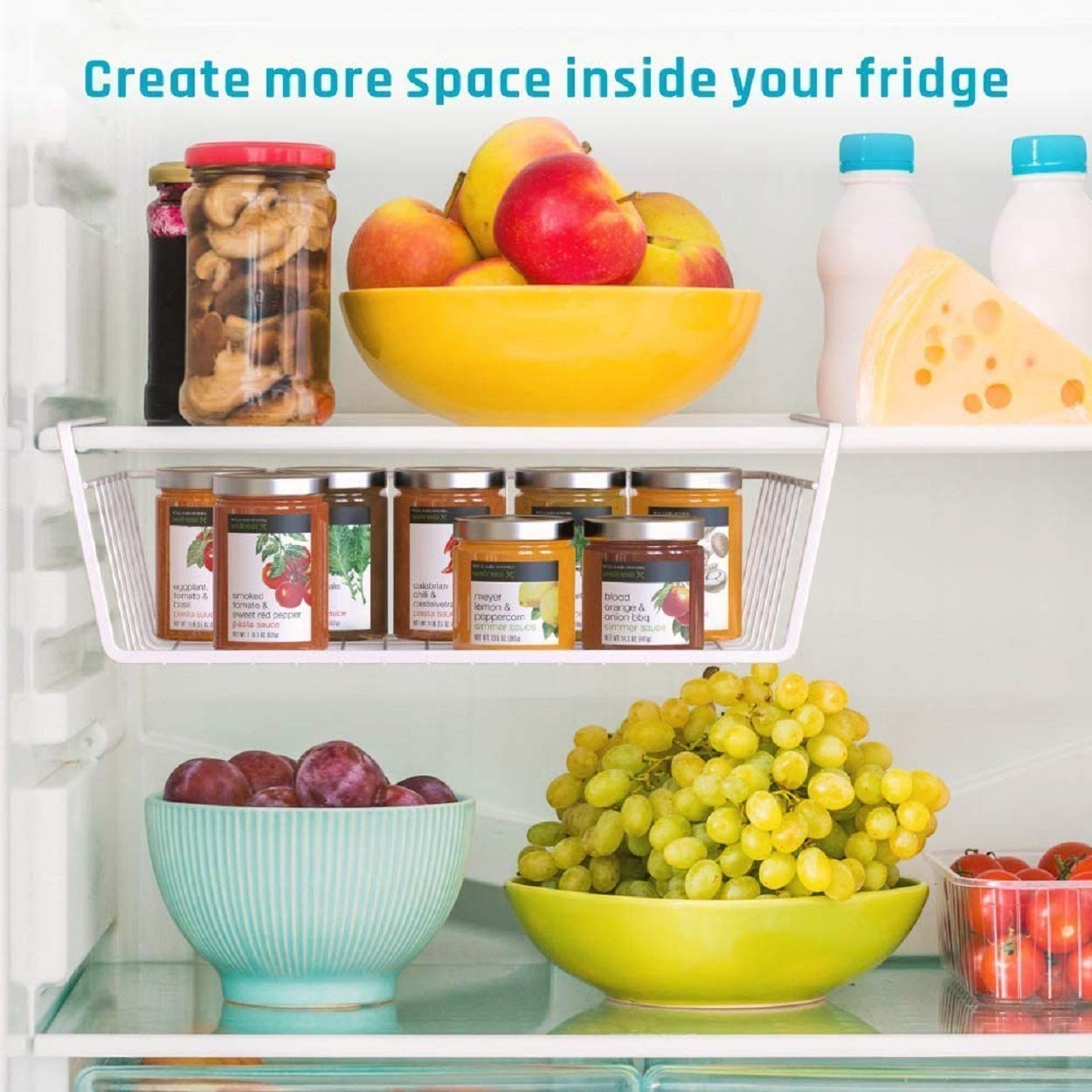 GoHooked Bianco white wire under shelf basket for cabinet storage. Holds jars and food items.