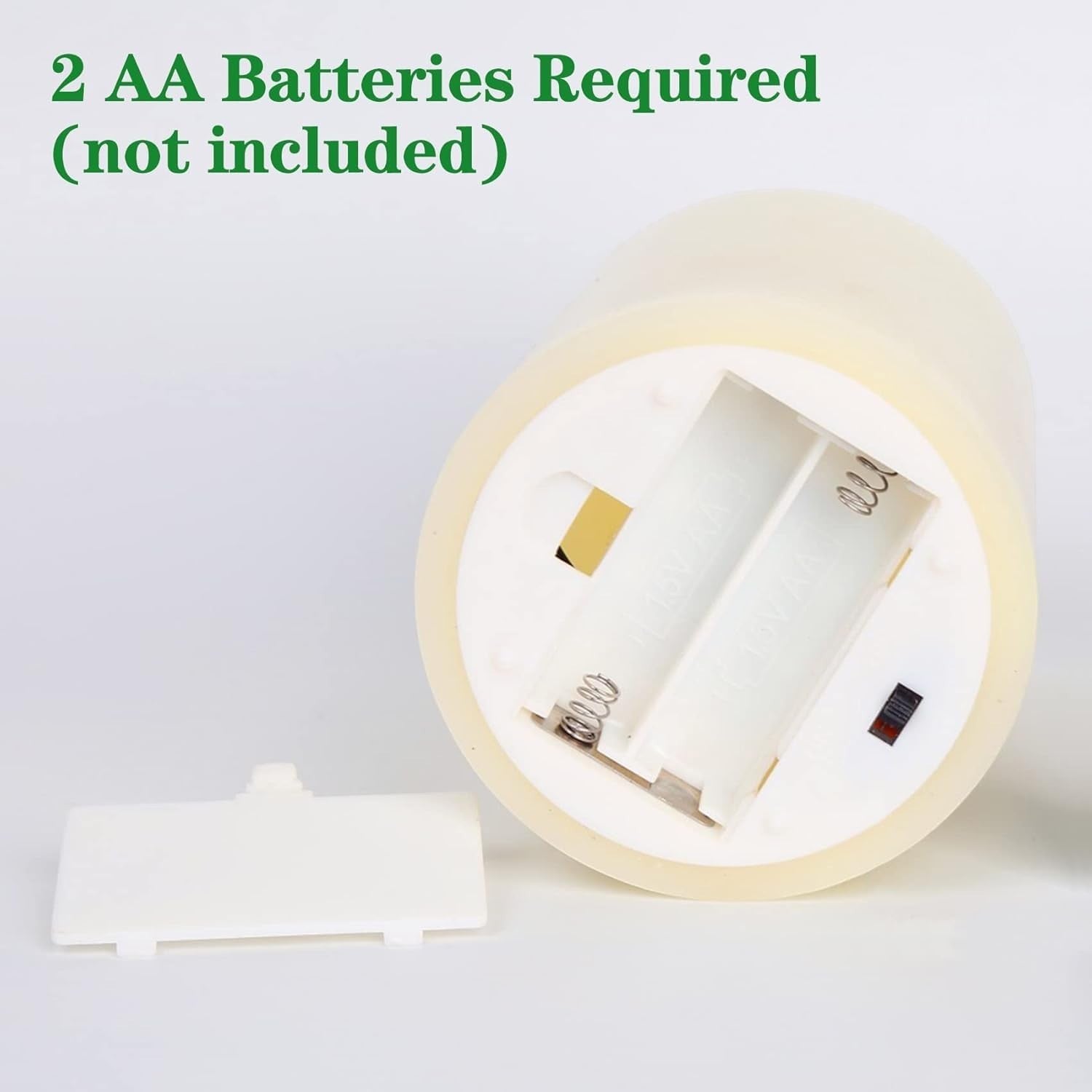 GoHooked BIANCO yellow acrylic LED tea light candle base showing battery compartment and cover. Requires 2 AA batteries.