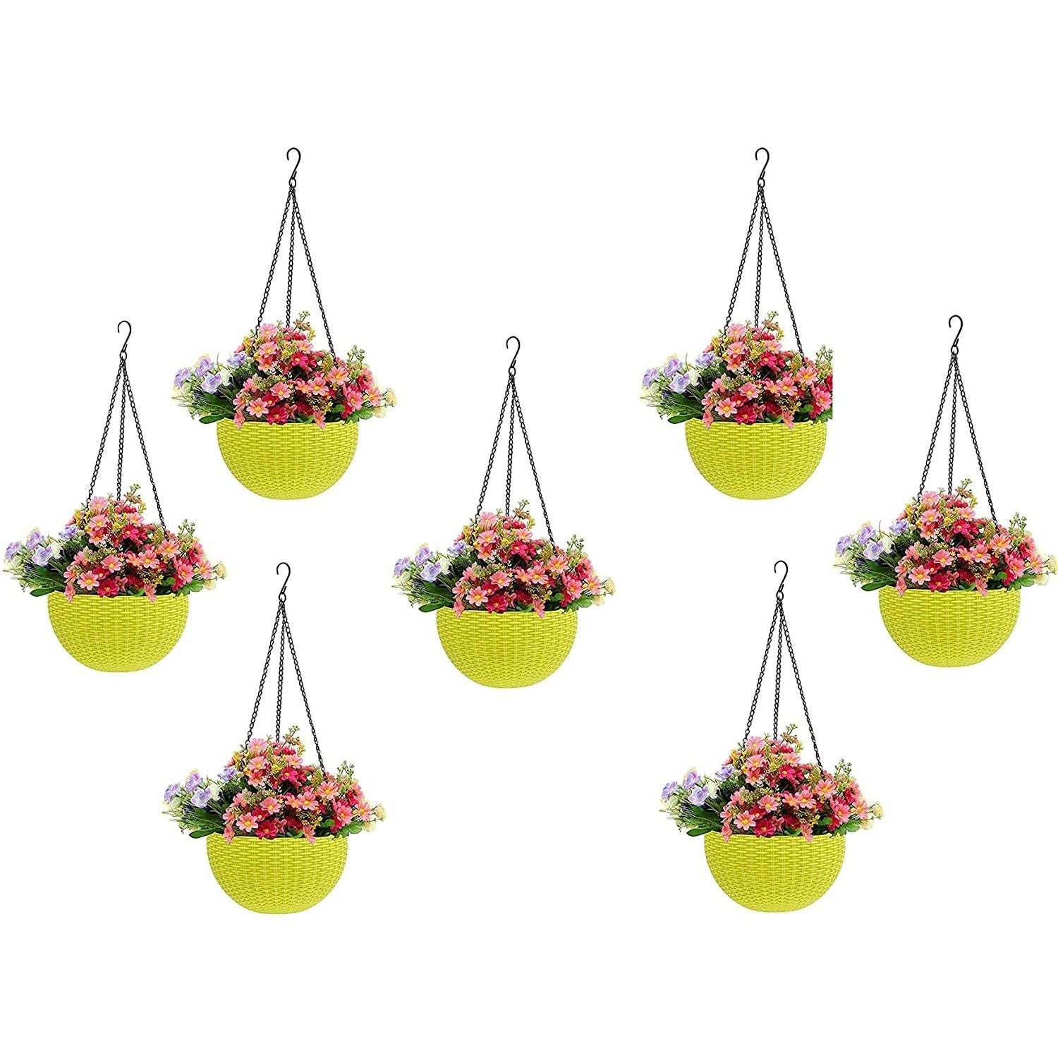 GoHooked Bianco yellow plastic hanging rattan planter with flowers, 7 pieces