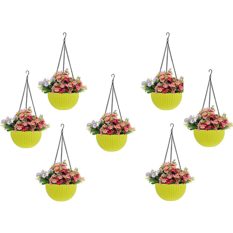 GoHooked Bianco yellow plastic hanging rattan planter with flowers, 7 pieces
