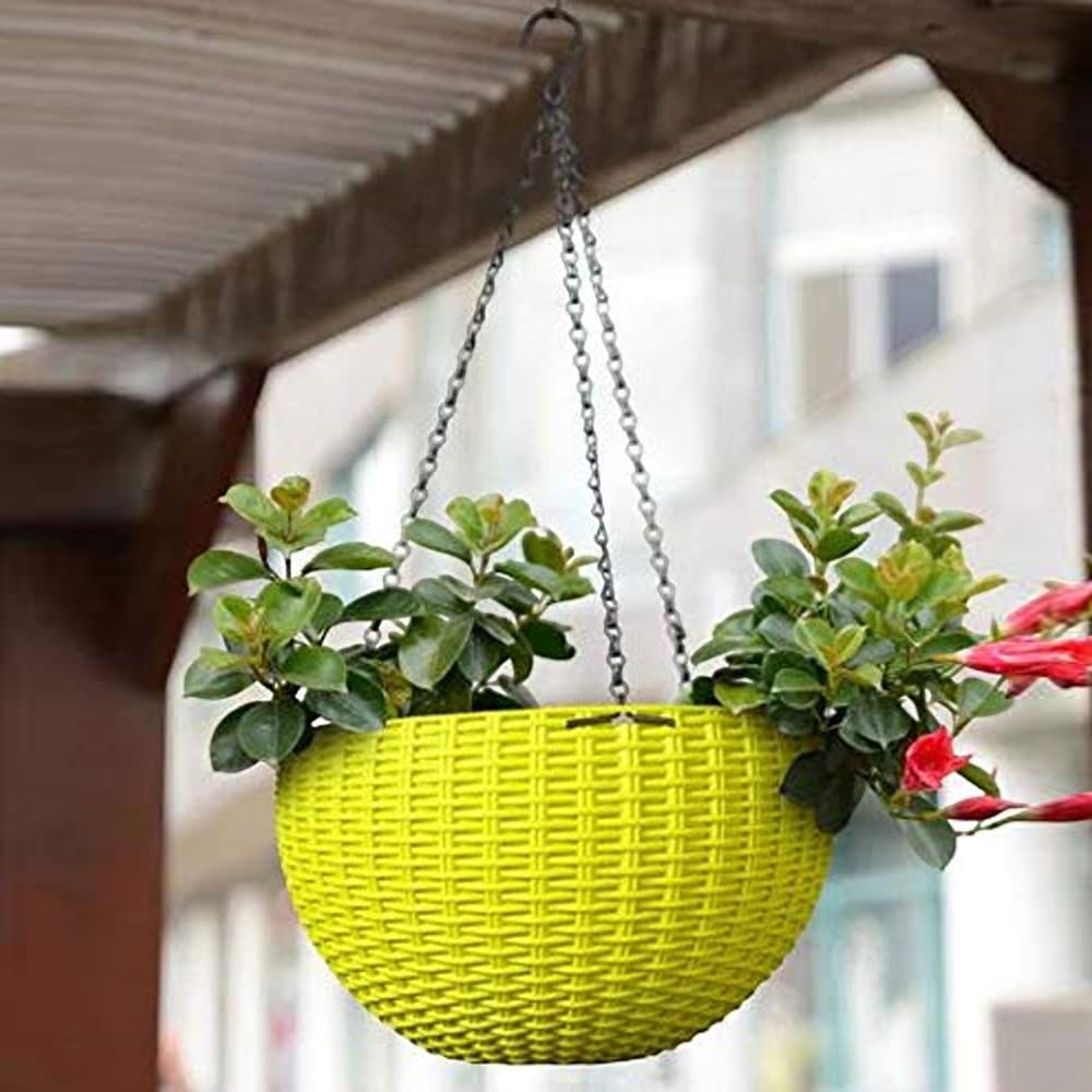 GoHooked Bianco yellow plastic hanging planter with woven rattan look, 7.1 inch diameter, 13 inch chain.