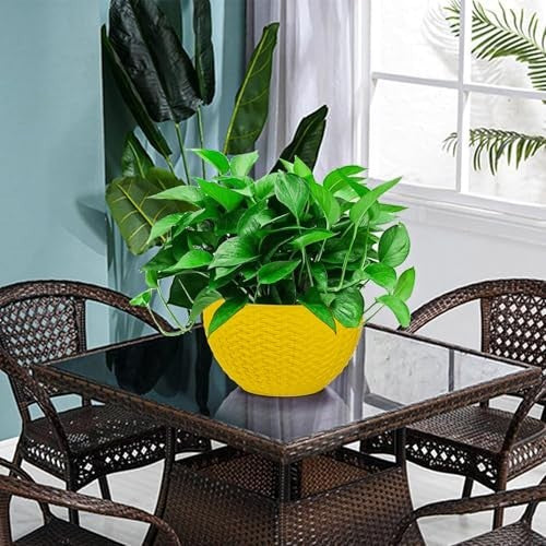GoHooked Bianco yellow plastic hanging rattan planter with woven texture, 7.1 inch diameter, perfect for indoor or outdoor use.