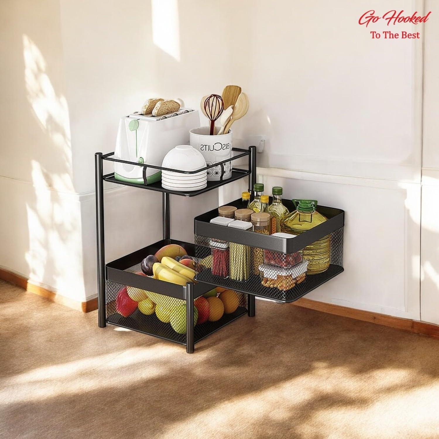 Go Hooked black 2-layer metal mesh rolling kitchen trolley with fruits, vegetables, and kitchen supplies.