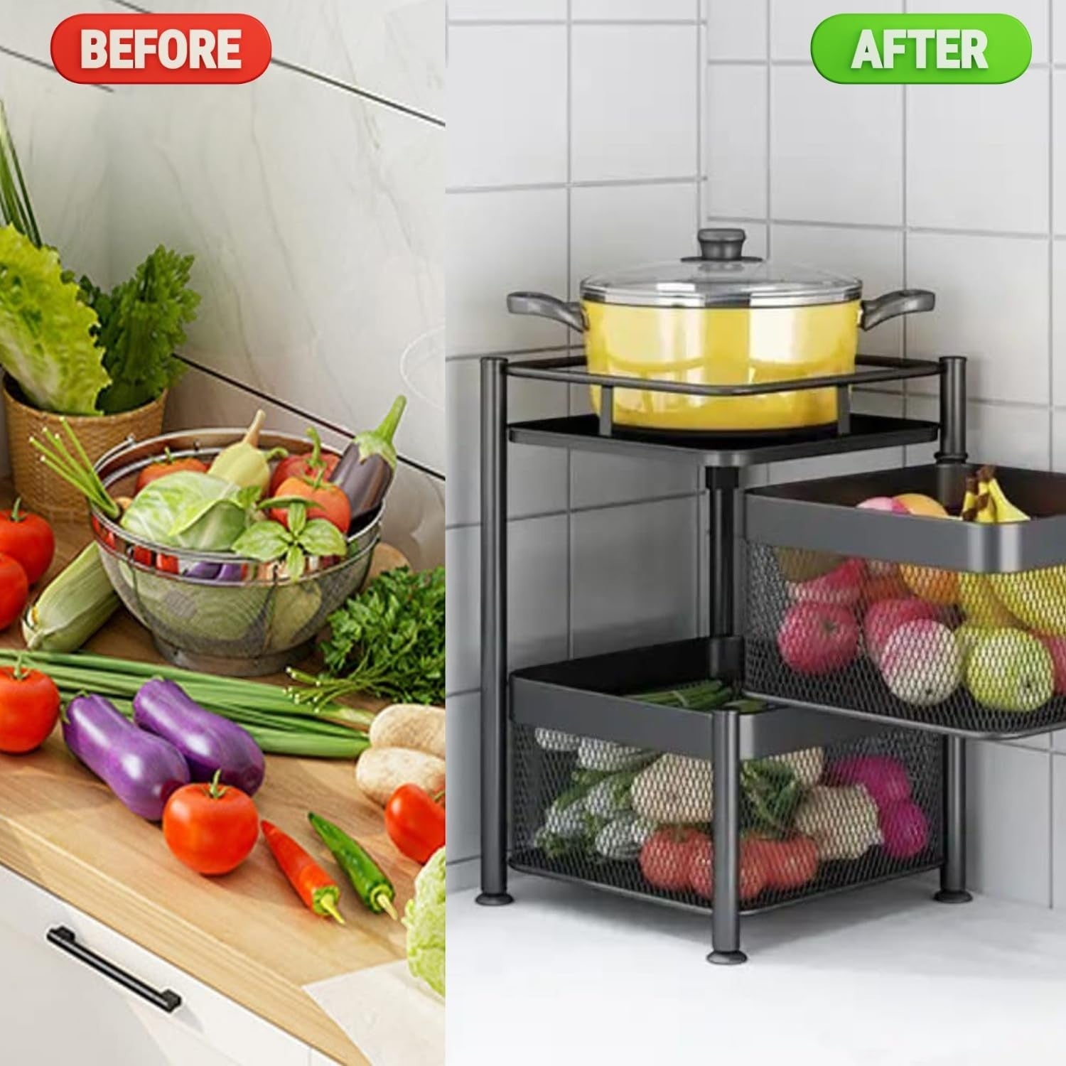Go Hooked black 2-layer rotating kitchen trolley organizer with a pot and fruits/vegetables