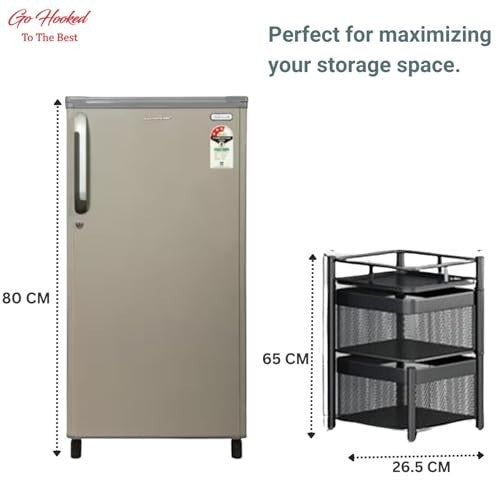 Go Hooked black 2-layer square storage trolley organizer rack for fruits, vegetables, and cutlery.