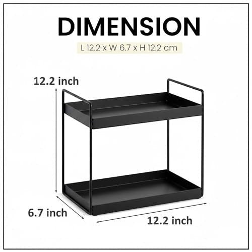 GoHooked black 2-tier iron countertop organizer rack, 12.2" L x 6.7" W x 12.2" H, for kitchen or bathroom storage.