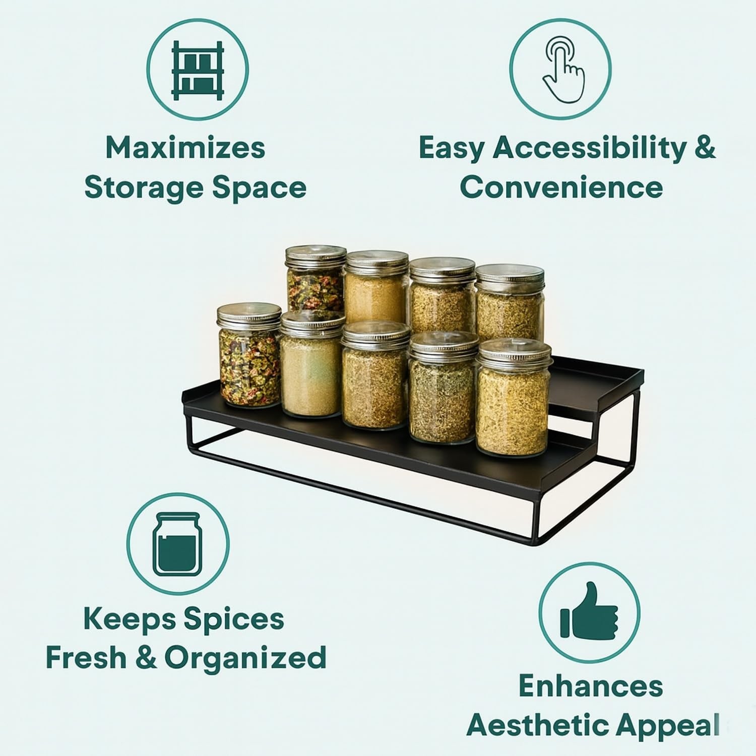 GoHooked black 2-tier metal standing rack organizer for spices, cosmetics, and bathroom essentials. Maximizes storage space.