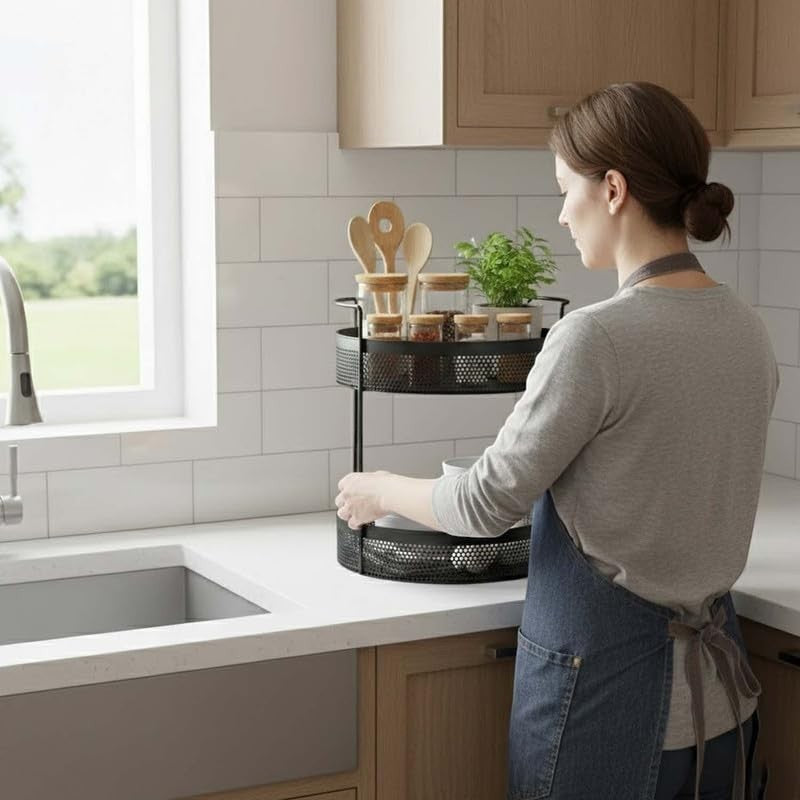 Go Hooked black 2-tier metal mesh rotating countertop storage basket with jars, utensils, and plant.