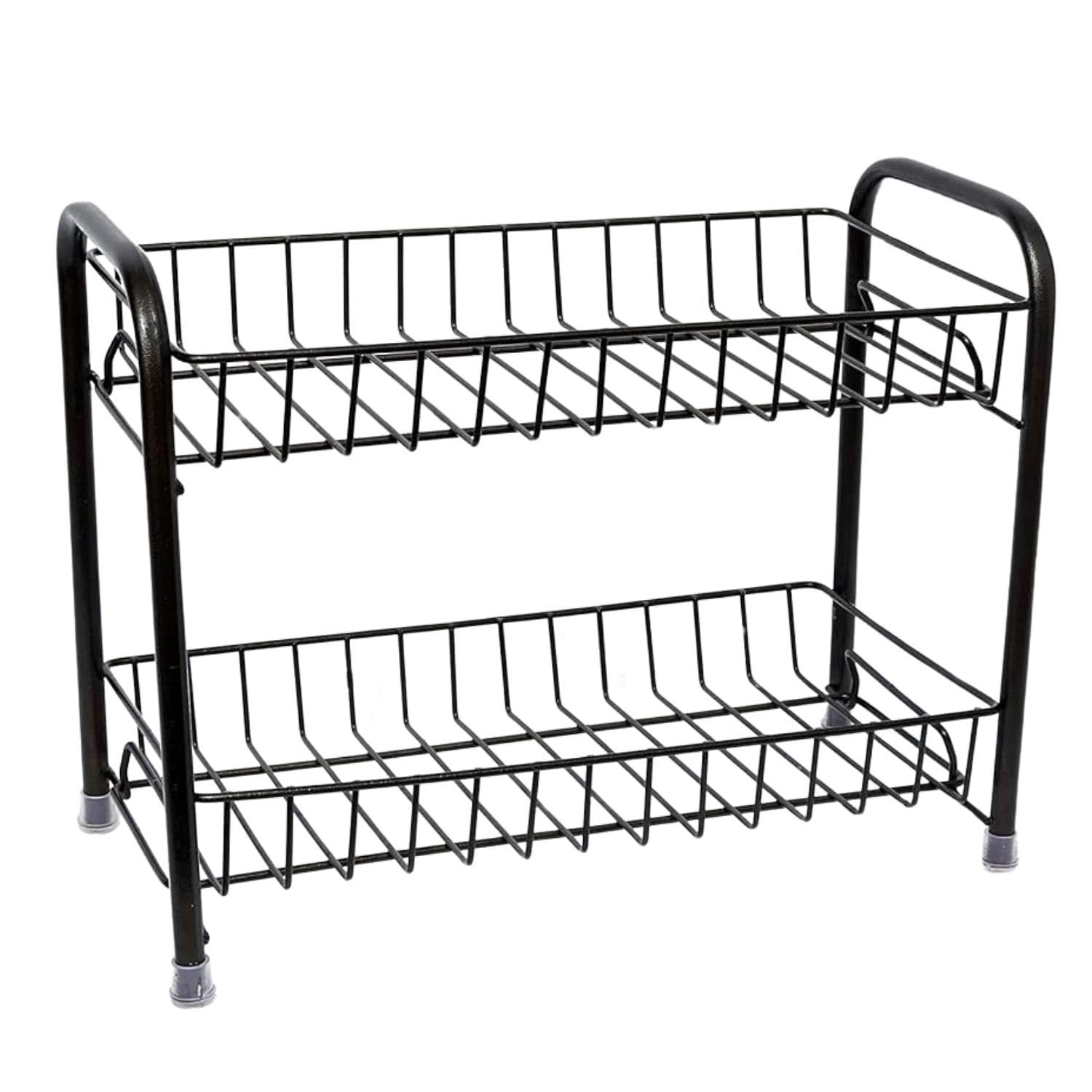 Go Hooked black 2-tier metal wire storage rack with a modern design, perfect for countertops.
