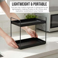 GoHooked black two-tier metal standing rack for kitchen or bathroom countertop storage. Durable iron organizer with a space-saving design.