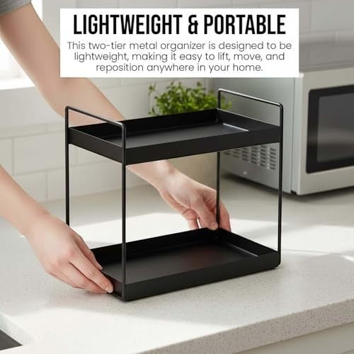 GoHooked black two-tier metal standing rack for kitchen or bathroom countertop storage. Durable iron organizer with a space-saving design.