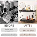 GoHooked black 2-tier metal vanity storage organizer with makeup and skincare products. Modern freestanding rack.