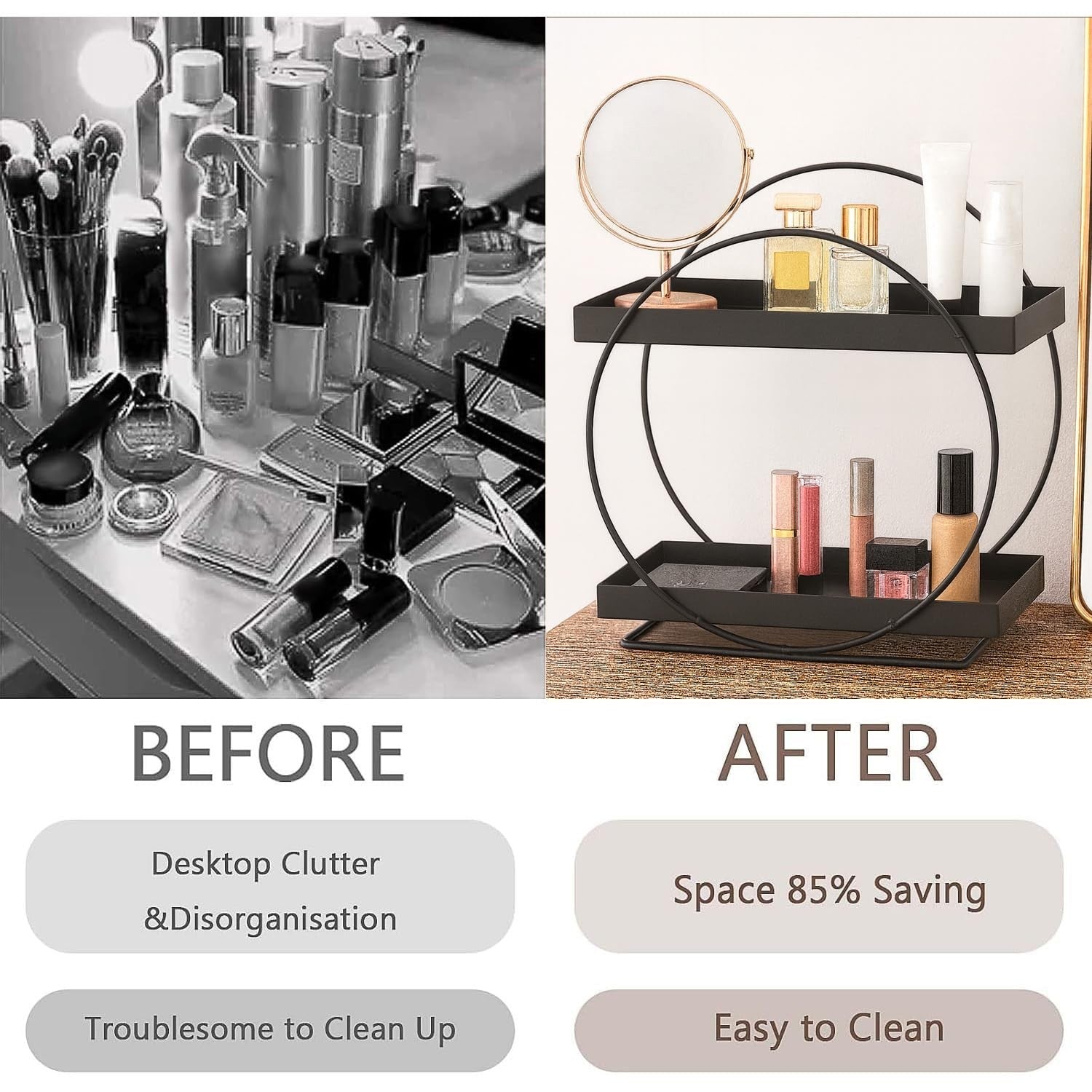 GoHooked black 2-tier metal vanity storage organizer with makeup and skincare products. Modern freestanding rack.