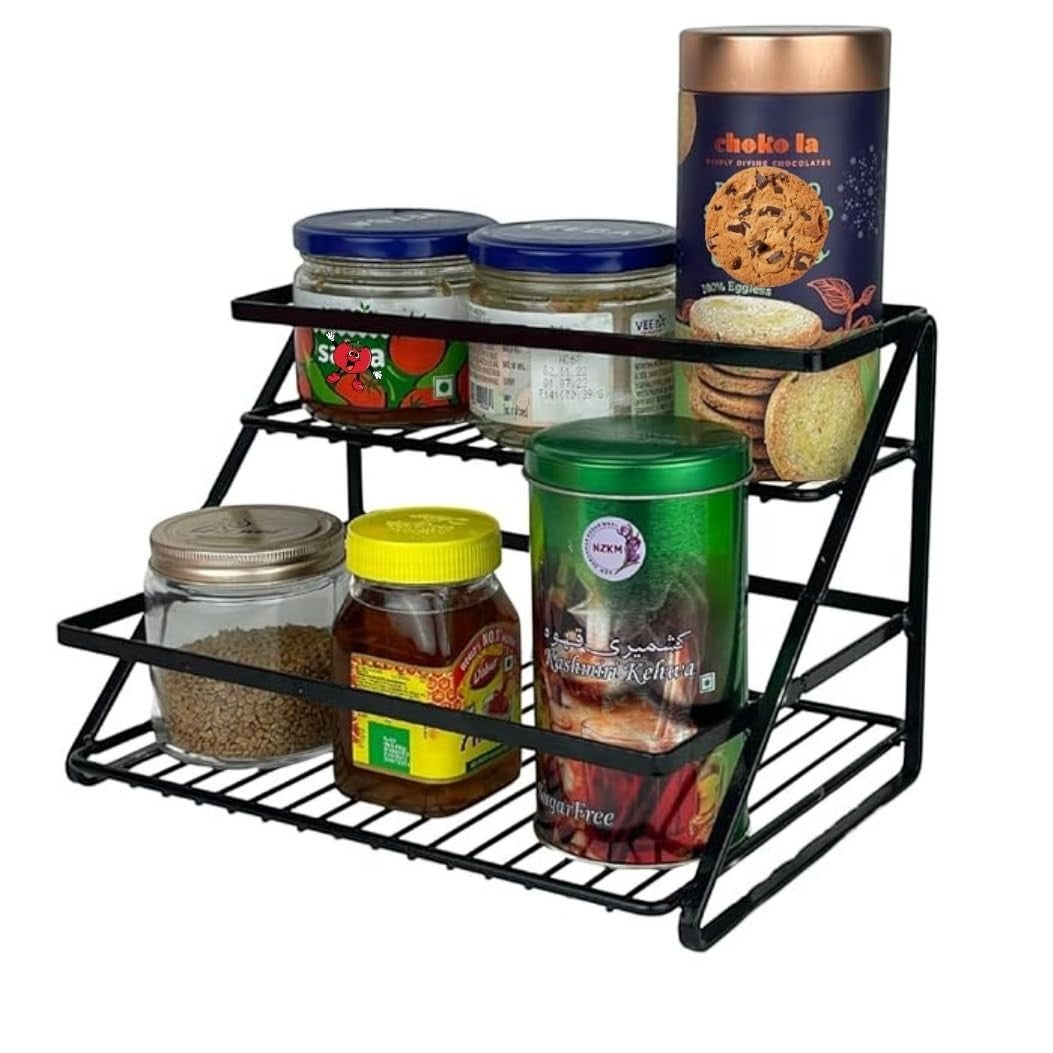 GoHooked black 2-tier metal vanity rack organizer holding jars and canisters. No assembly required.