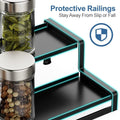 GoHooked black 2-tier expandable spice rack organizer with protective railings for cabinets and pantries.