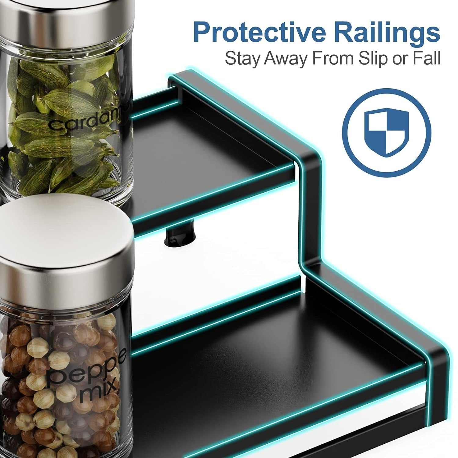 GoHooked black 2-tier expandable spice rack organizer with protective railings for cabinets and pantries.