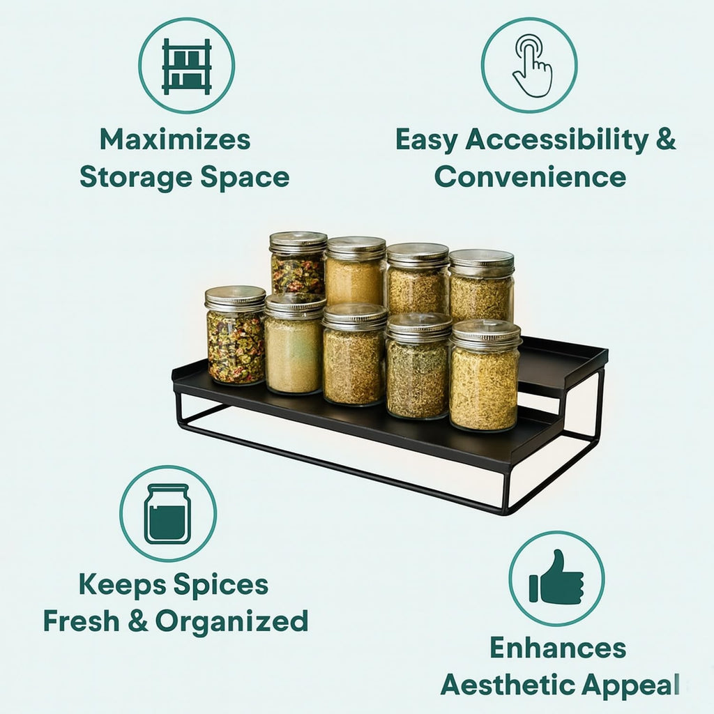 Go Hooked black 2-tier metal standing organizer rack holding spice jars on a countertop.