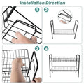 Go Hooked black two-tier iron spice rack organizer assembly instructions. Shows hands assembling the wire shelves.