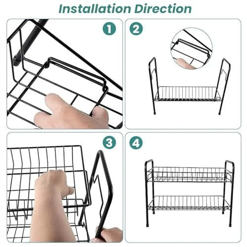 Go Hooked black two-tier iron spice rack organizer assembly instructions. Shows hands assembling the wire shelves.