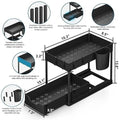 GoHooked black 2-tier under sink organizer rack with sliding basket, 5 hooks, and cup. Durable metal frame with perforated design.