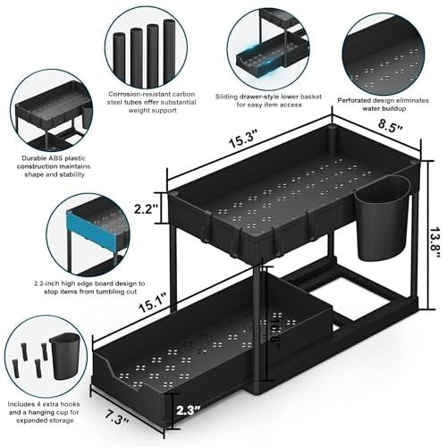 GoHooked black 2-tier under sink organizer rack with sliding basket, 5 hooks, and cup. Durable metal frame with perforated design.