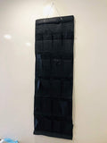 Go Hooked black 20-pocket over-the-door organizer made of non-woven fabric. Features clear pockets and reinforced stitching for versatile storage.