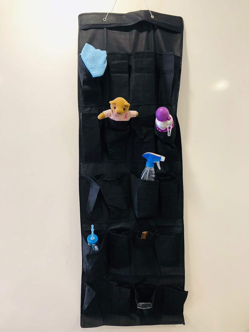 GoHooked black 20-pocket non-woven fabric over-the-door organizer with clear pockets for shoes and accessories.