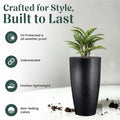 Go Hooked 24-inch tall black polymer planter with a modern, tapered design. Features UV protection and drainage.