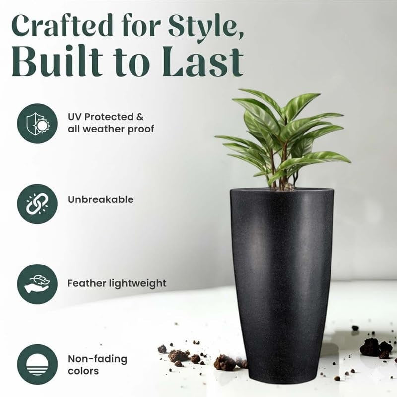 Go Hooked 24-inch tall black polymer planter with a modern, tapered design. Features UV protection and drainage.