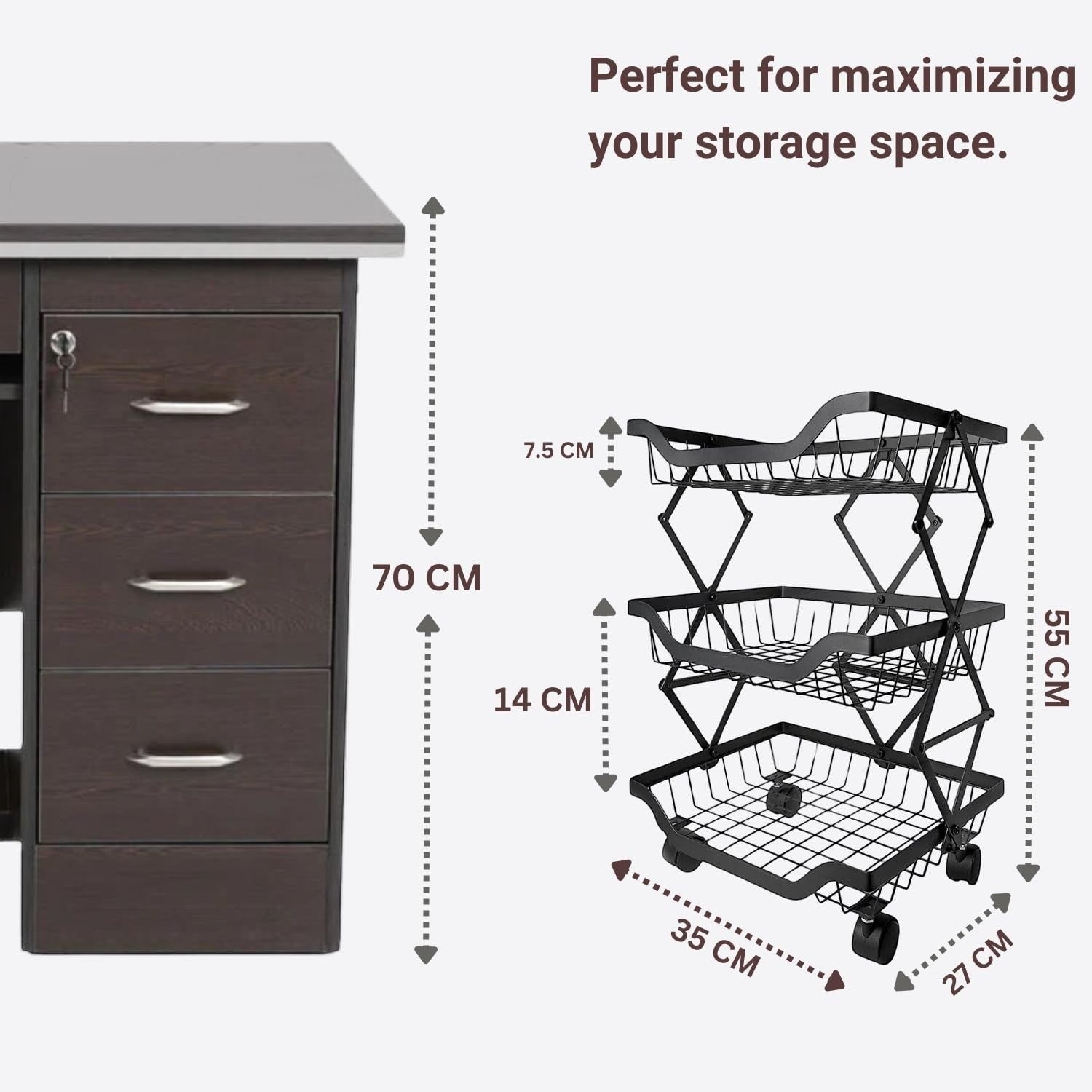 GoHooked black 3-tier foldable metal storage basket with wheels, perfect for fruits, vegetables, and home organization.