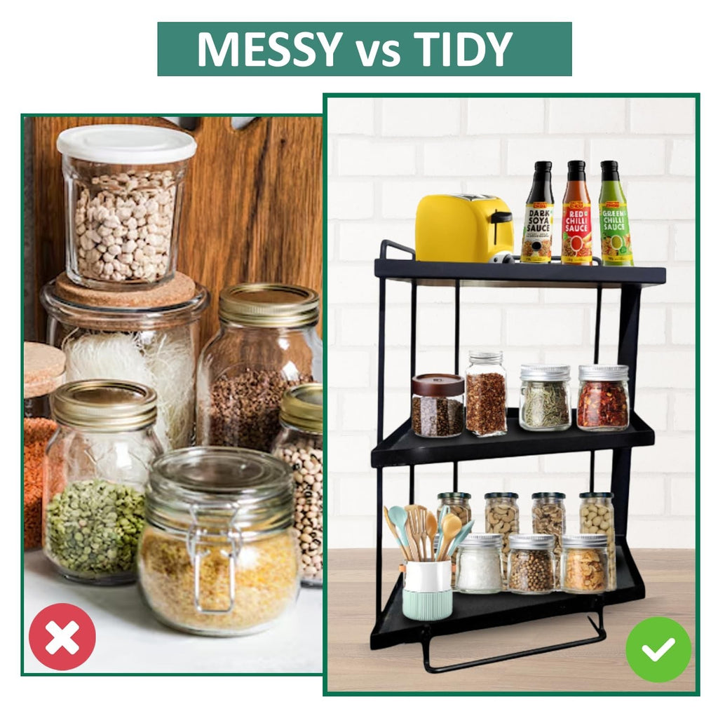 GoHooked black 3-tier iron countertop storage organizer rack with spices and jars. Space-saving design.
