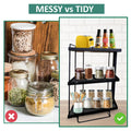 GoHooked black 3-tier iron countertop storage organizer rack with spices and jars. Space-saving design.