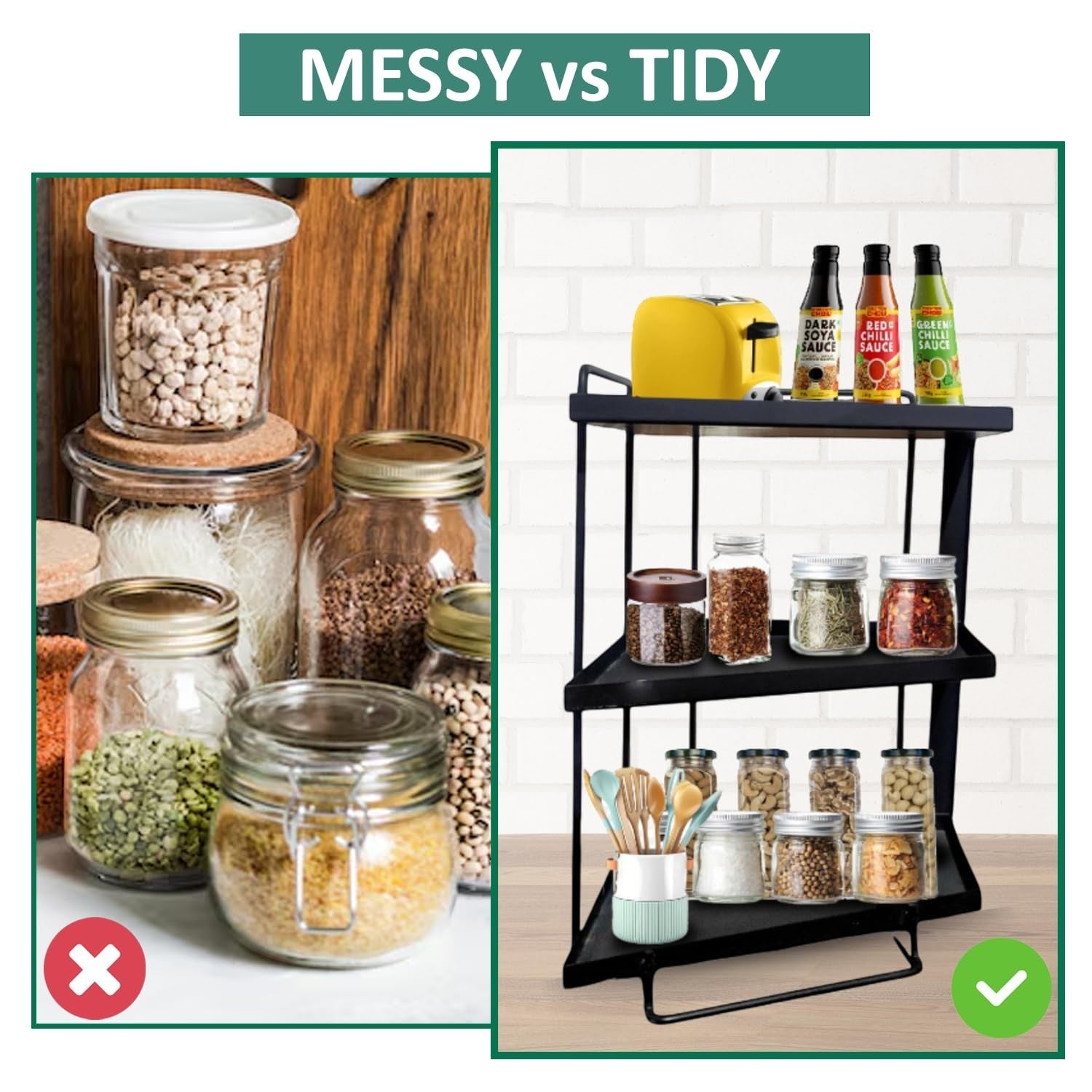 GoHooked black 3-tier iron countertop storage organizer rack with spices and jars. Space-saving design.