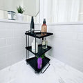 GoHooked black 3-tier iron countertop organizer rack holding toiletries and bottles. Space-saving design.